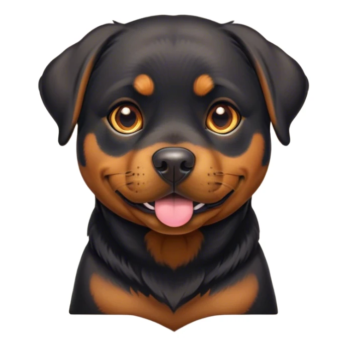 Cinematic Cute Rottweiler Portrait Emoji, Head tilted playfully and inquisitively, featuring a glossy black coat with distinct tan accents, round, sparkling brown eyes filled with curiosity, Simplified yet irresistibly adorable features, highly detailed, glowing with a warm, friendly glow, high shine, affectionate and lively, stylized with a touch of whimsy, bright and endearing, soft glowing outline, capturing the essence of a mischievous yet loving companion, so playful it feels like it could bound out of the screen and into your arms! sticker