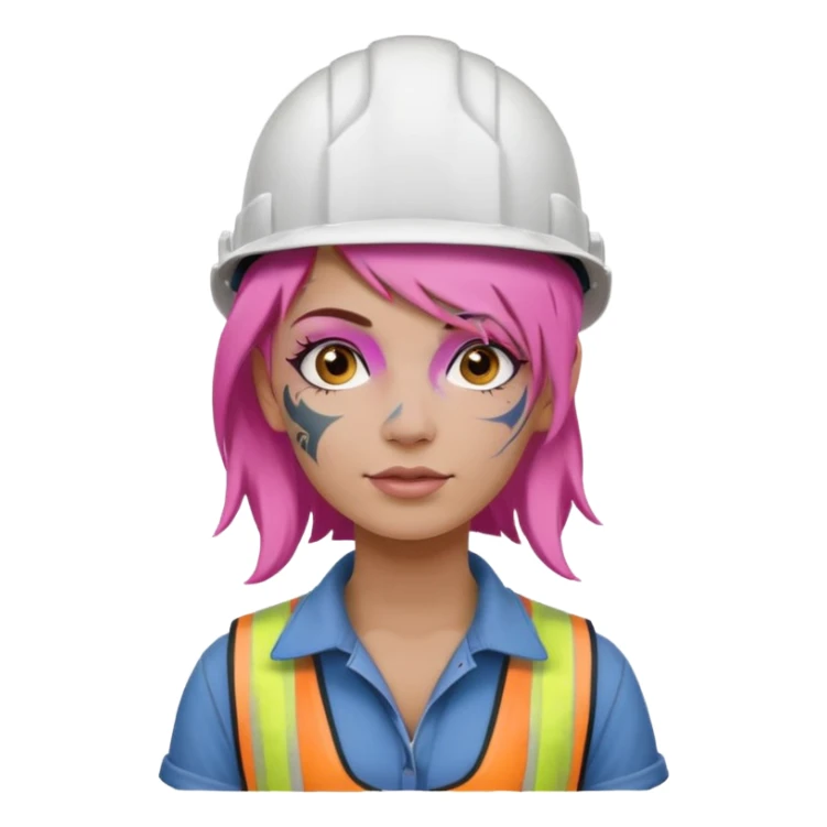 construction worker woman pink hair, white helmet and face tattoo sticker