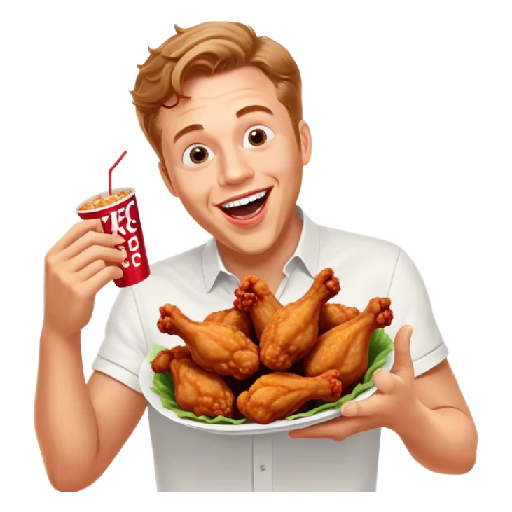 "Create an emoji of a white man holding KFC chicken wings with a happy and excited expression. Make sure to add the text 'KFC ABSOLUTE CINEMA ✋😮🤚' in large, bold letters, covering the entire screen and standing out clearly. This text must be included. Use a vibrant and expressive style." sticker