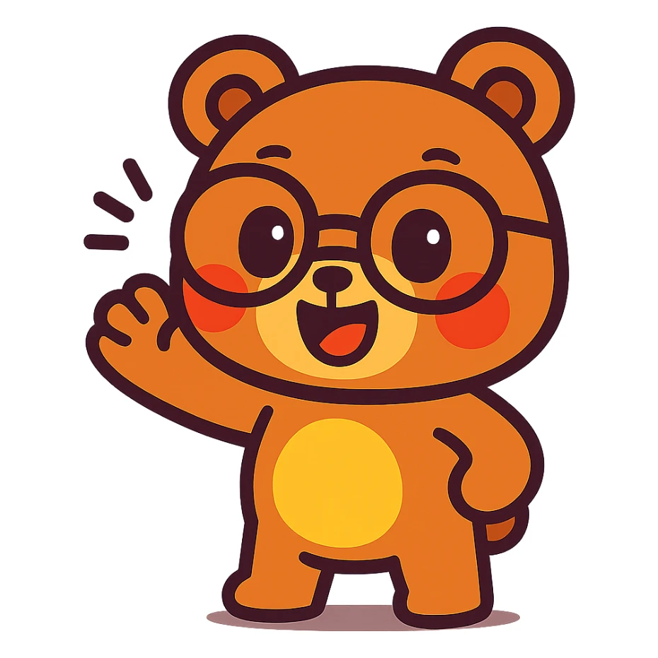 chibi bear with glasses waving bye, happy, animated style, cute and vibrant sticker