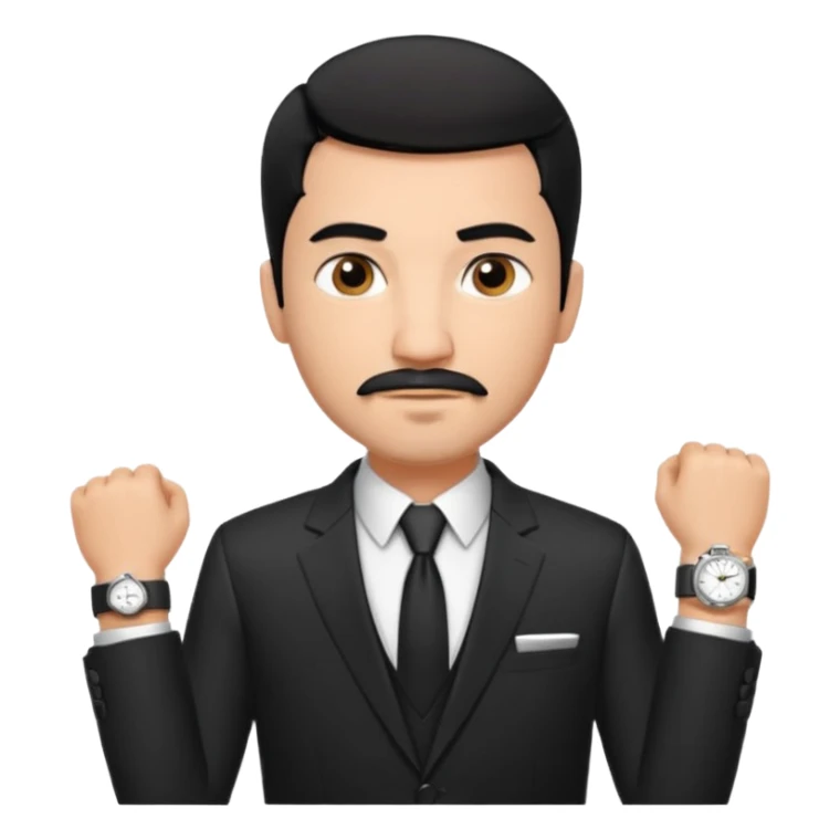 Roupa: terno preto moderno e bem ajustado, com camisa social branca sem gravata (para dar um ar mais contemporâneo), cinto de couro preto e relógio prateado. Tom de pele: médio quente
Cabelos: curtos e bem penteados PRETOS
Rosto: com bigode e cavanhaque leve, expressão firme e confiante. PRETOS sticker