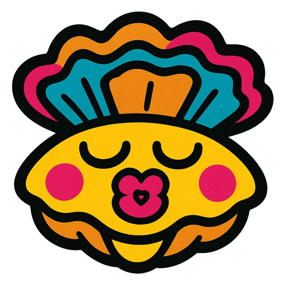 Cute oyster with a kissing expression (heart-shaped lips) in pop colors style, transparent background. sticker