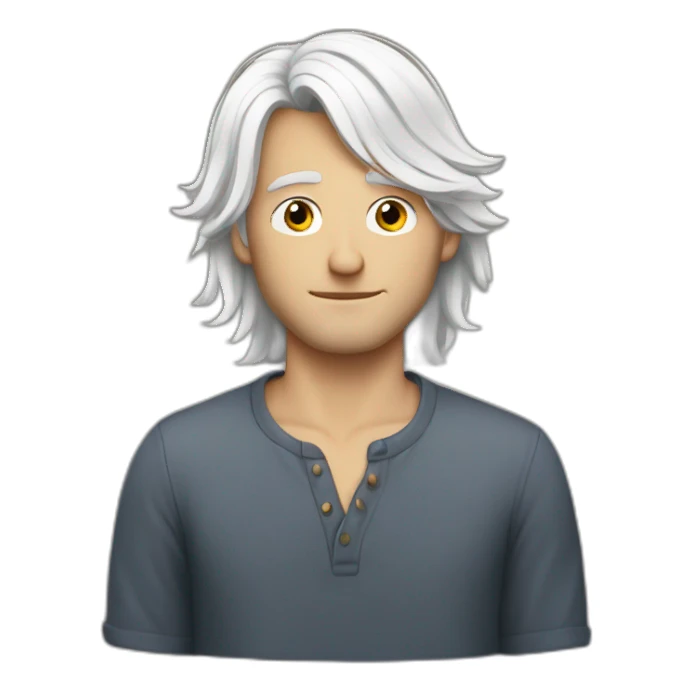 Insecure european guy with mid long white hair wearing a shirt sticker