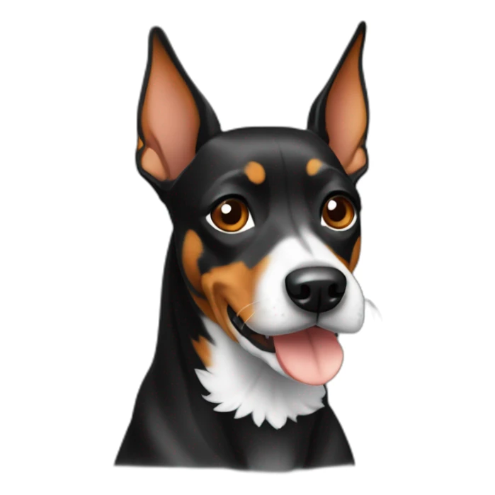 Old pinscher black with white beard and chest orangw sticker