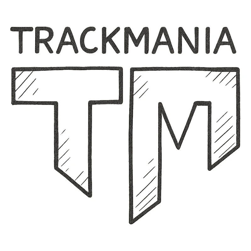 logo with the word 'Trackmania' above a vertically split 'T' and 'M', hand-drawn outlined style sticker