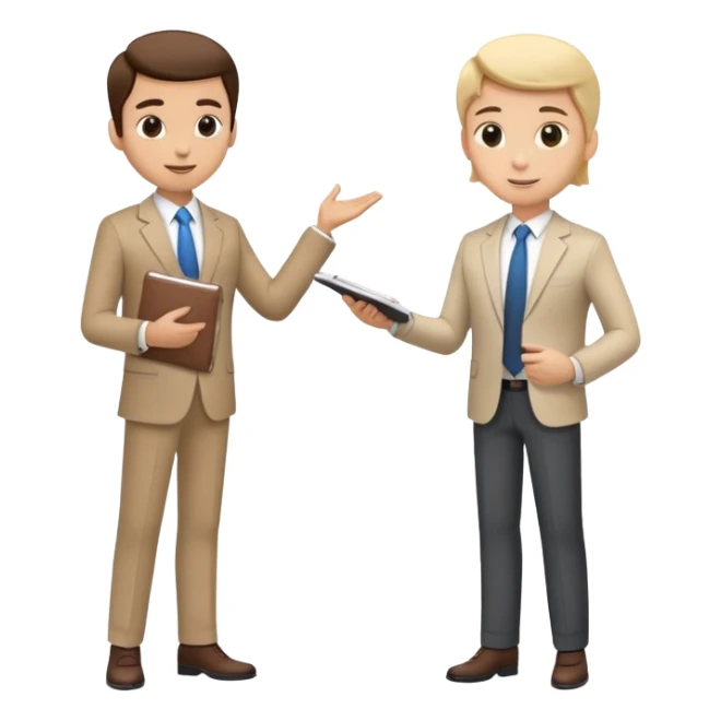 two team members facing each other, one holding a notepad and the other gesturing, in a collaborative pose sticker