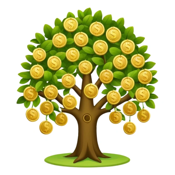 Apple-style money tree, round soft green canopy.
No pot, no ground — only the tree.
Small gold coins as fruits inside the leaves (not below).
Flat 2D vector, clean shapes, no gradients.
Dark near-black background, premium fintech icon. sticker