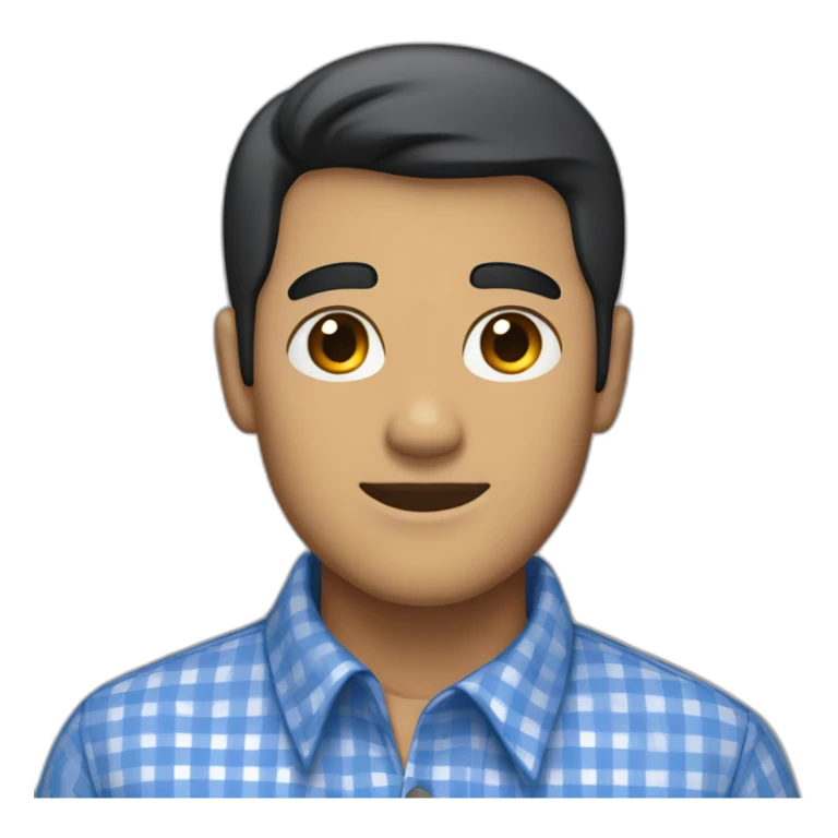 Tan man with short black hair and a gingham white/marine blue buttoned collar shirt sticker