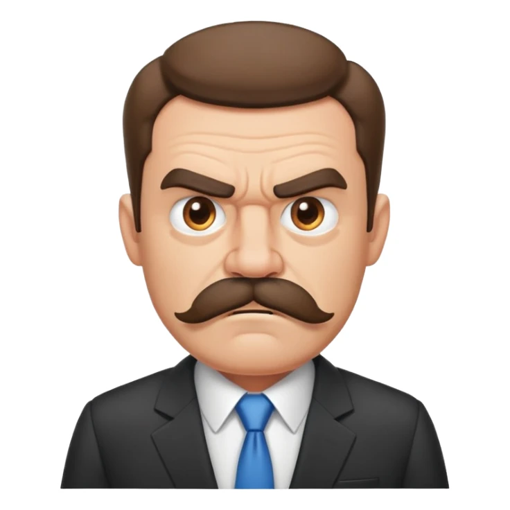A grumpy cartoon man with a bushy mustache and angry expression, wearing a business suit sticker