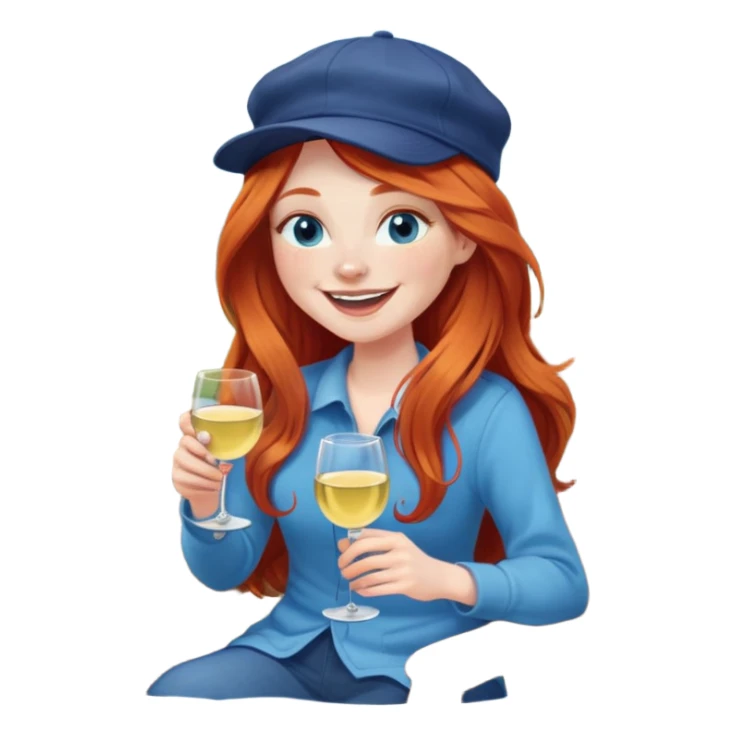 Laughing redhead with long hair and blue eyes wearing cap holding white wine sitting in chair beside fire pit sticker