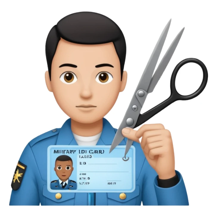 Floating black Scissors cutting a light blue military ID card in 2 parts .hyper realistic sticker