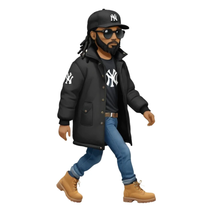 African American man with shoulder length black dreadlocks with black beard wearing black sunglasses wearing a black New York Yankees logo baseball cap wearing a black bubble winter coat with denim skinny jeans and timberland boots walking with hand out sticker