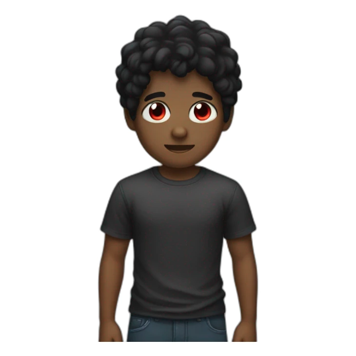 A dark boy with black hair wearing a T-shirt with red eyes sticker