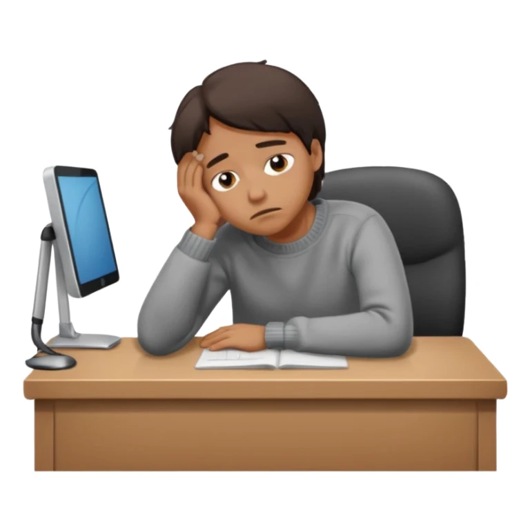 A person wearing a jumper experiencing burnout, exhausted and overwhelmed, tired eyes, slumped posture, sitting at a desk, iOS emoji style sticker