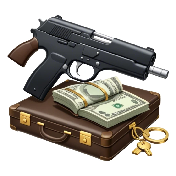 Icon for Action & Crime Reading: open book with text and picture, silhouette of a gun, a bag of money, a police badge. Surrounding elements include a pair of handcuffs, a briefcase and scattered bullet casings. Transparent background. sticker