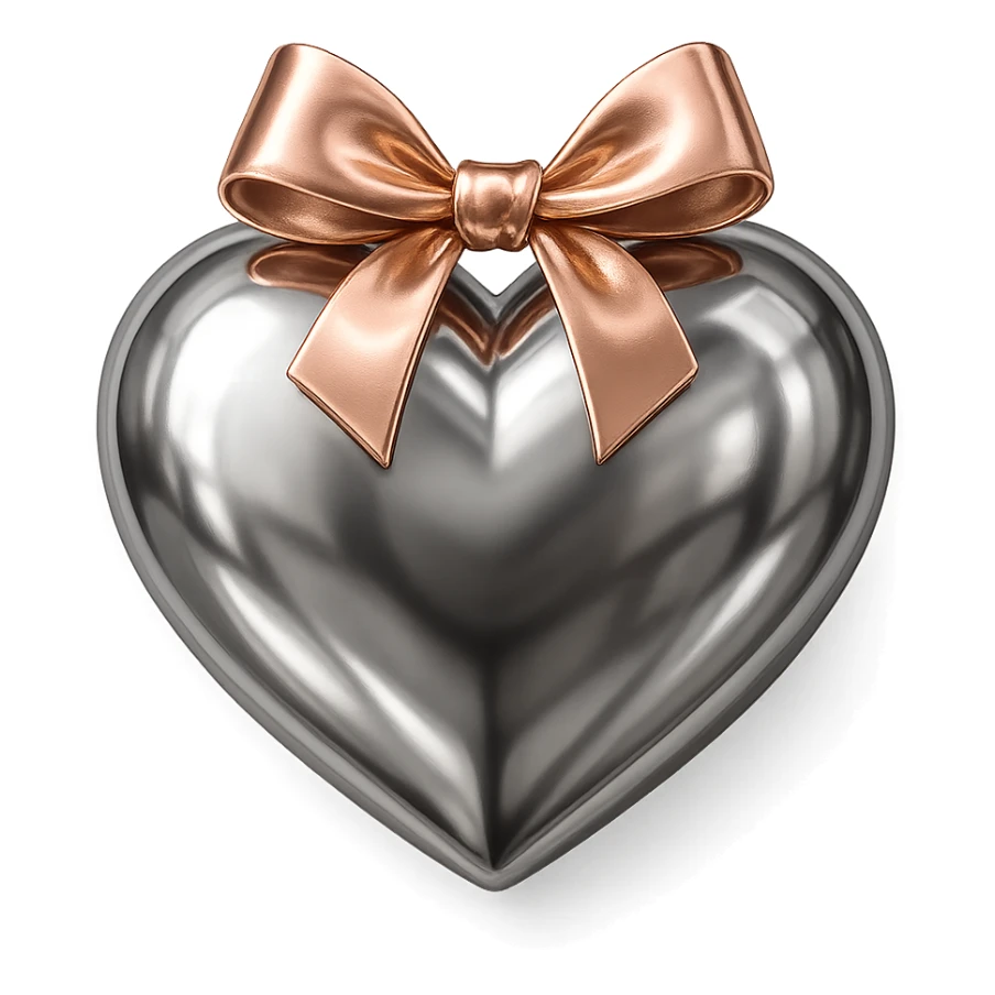 reflective silver heart, rose gold bow on top, glossy, metallic, premium look sticker