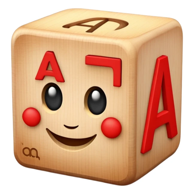 A wooden alphabet block with letter A and a cute smiling face sticker