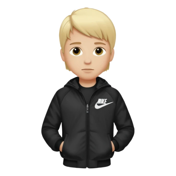 A boy with blond hair wearing a Nike jacket sticker