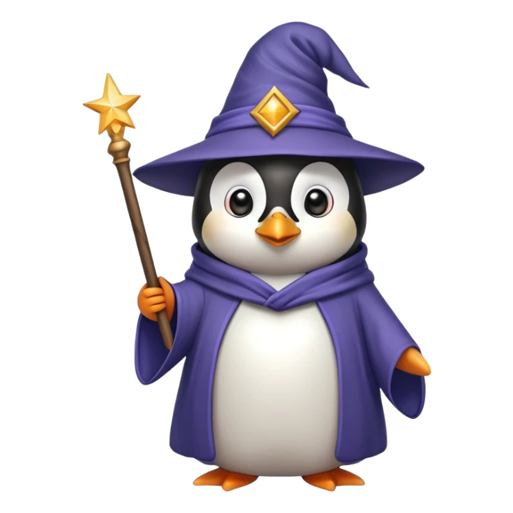 penguin wearing wizard hat and robe holding a magic wand sticker