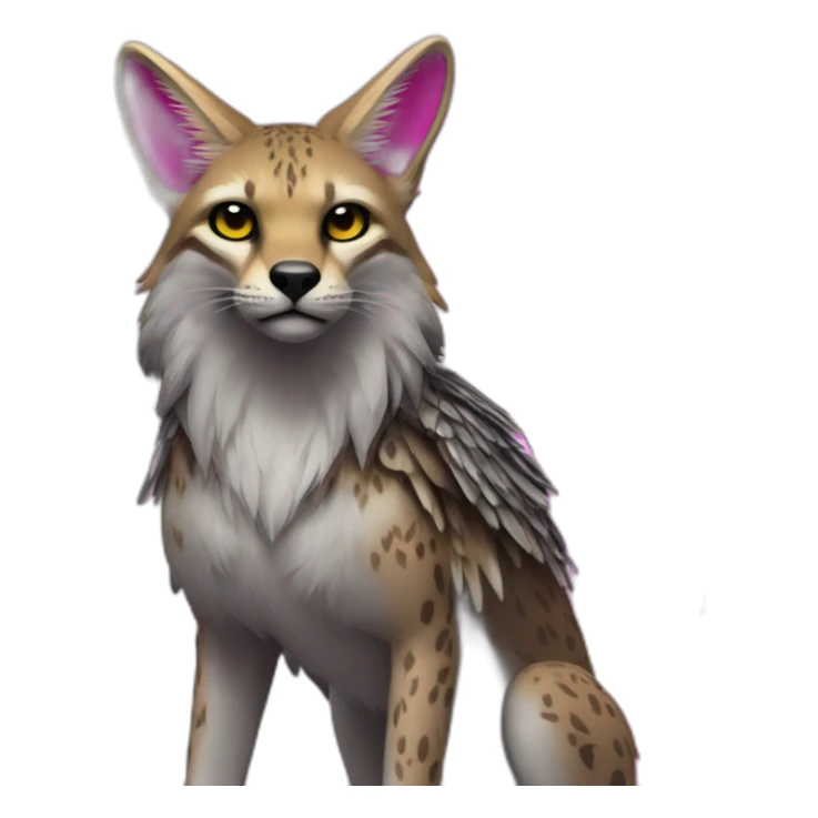 Coyote ocelot standing with grey and black fur and phoenix wings on back and pink ears half skeleton, neon lights sticker