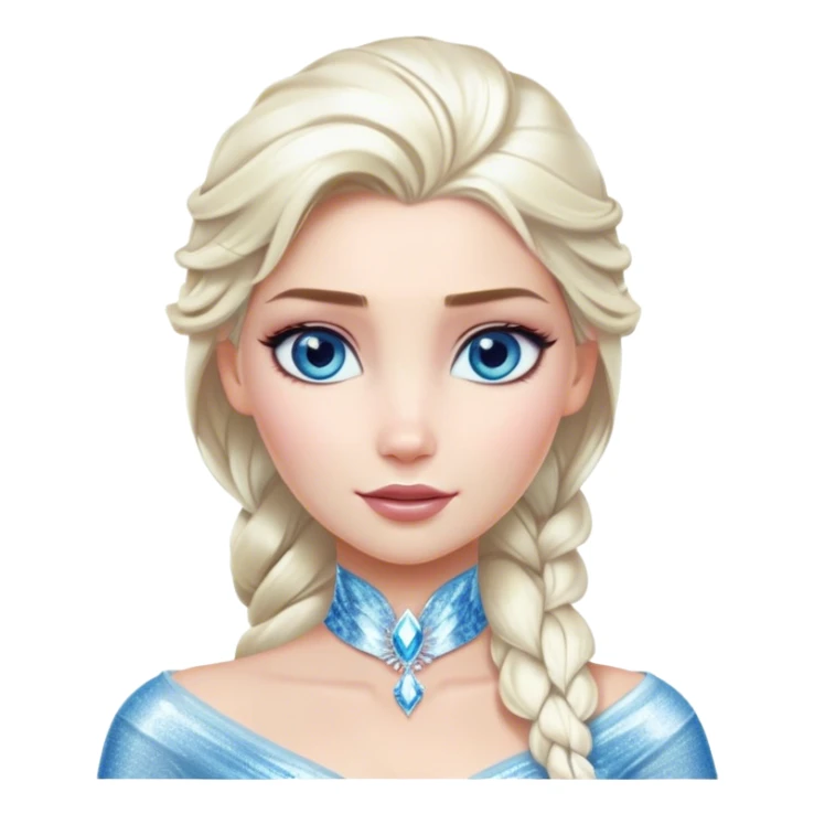 Cinematic Realistic Elsa Portrait, depicted with lifelike skin texture, soft natural lighting, and intricately detailed platinum blonde hair styled elegantly. Her striking, expressive blue eyes exude confidence and grace, complemented by a serene and regal expression. She is dressed in her signature icy attire, with shimmering fabric textures and delicate folds that catch the light beautifully. The portrait features a soft, enchanting glow with a cool, radiant finish, capturing the essence of timeless elegance in a realistic and painterly style, evoking a sense of depth and authenticity. sticker