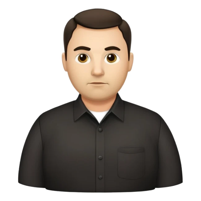 Very fuller-figured businessman with light brown complexion, pear-shaped face with wider jawline, professional demeanor, dark eyes, thick eyebrows, wide nose, short neat beard, short dark hair, wearing a black formal shirt sticker