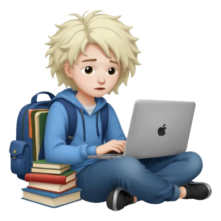 a student crashing out with the laptop on the lap and books on the side sticker