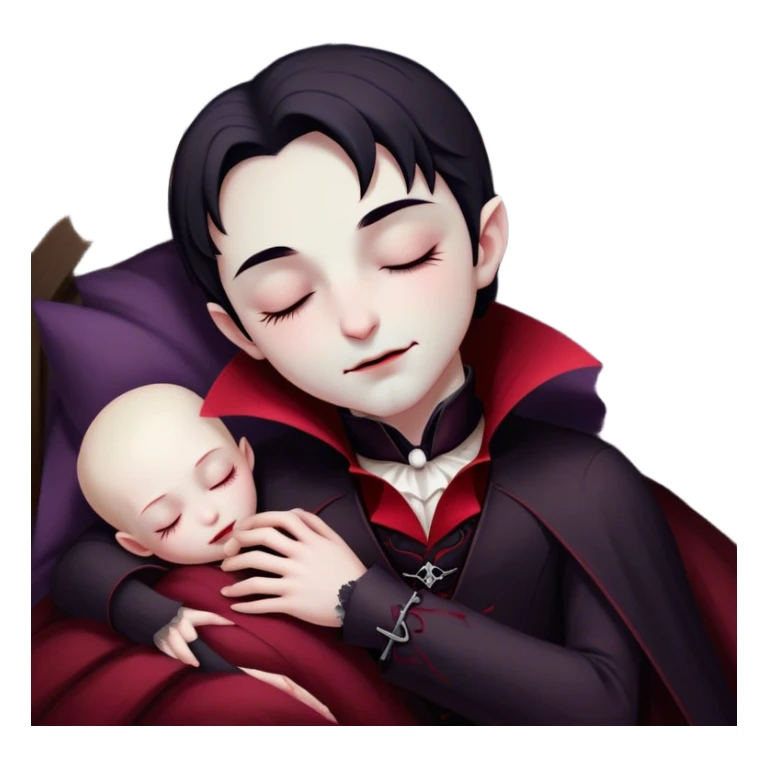 Meme-Worthy Cute Sleeping Vampire Portrait Emoji, with a refined, small, pale face softened by closed, serene eyes and a slight, peaceful smile, adorned in miniature elegant dark attire with a hint of fading crimson, simplified yet irresistibly adorable, highly detailed with a soft ethereal outline that captures the drowsy charm of a vampire in quiet nighttime slumber! sticker
