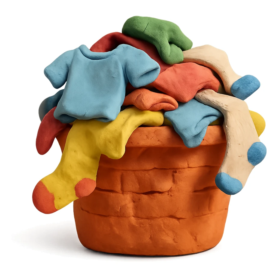 overflowing laundry basket, mix of socks and t-shirts, playful look, claymation style sticker