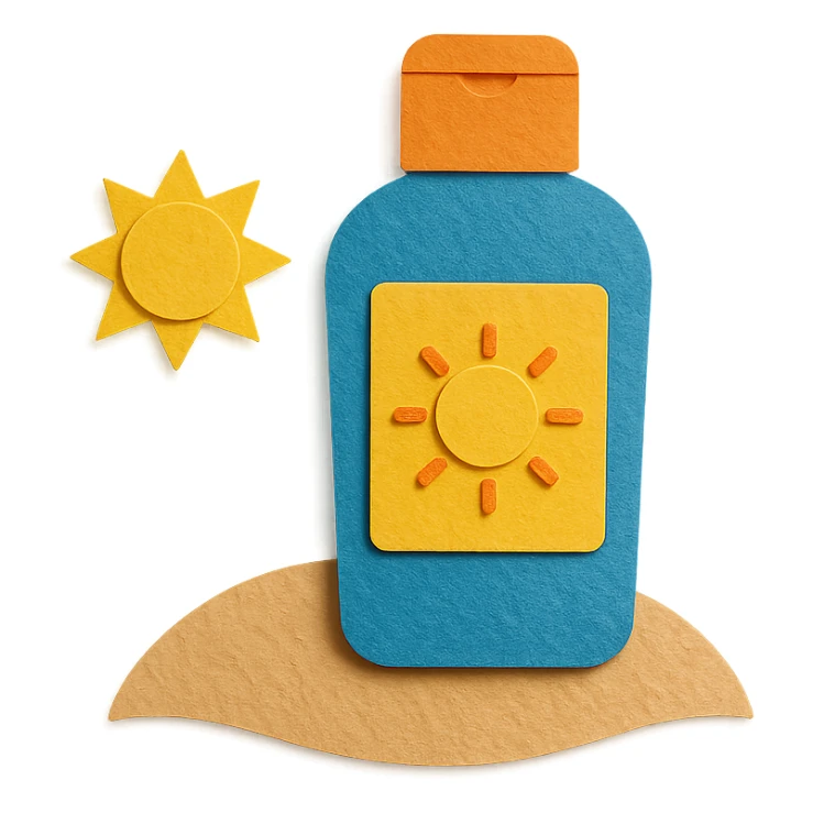 illustration of a sunscreen bottle with a sun icon on a sandy beach, bright colors, paper-craft style sticker