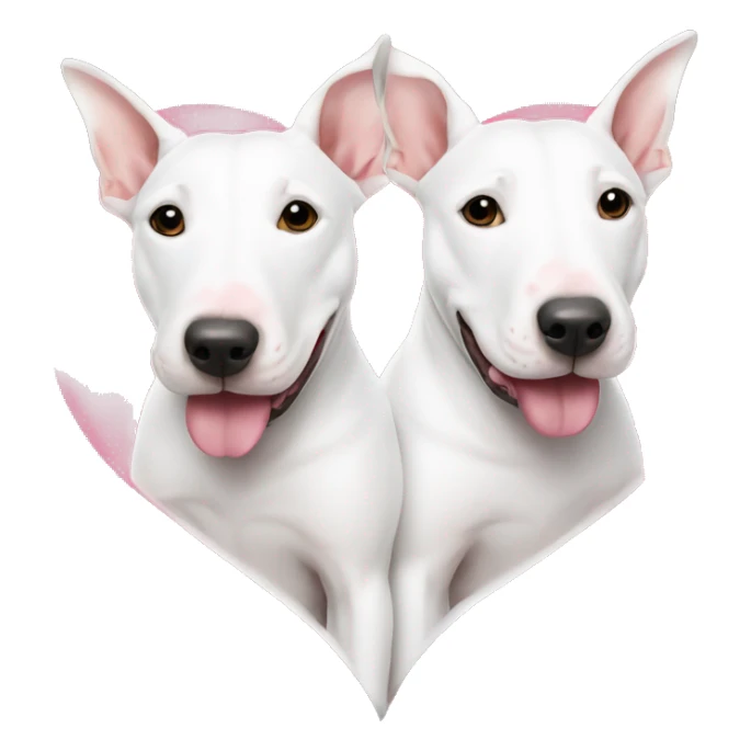 Two bull terriers lie in the shape of a heart, cute, white sticker
