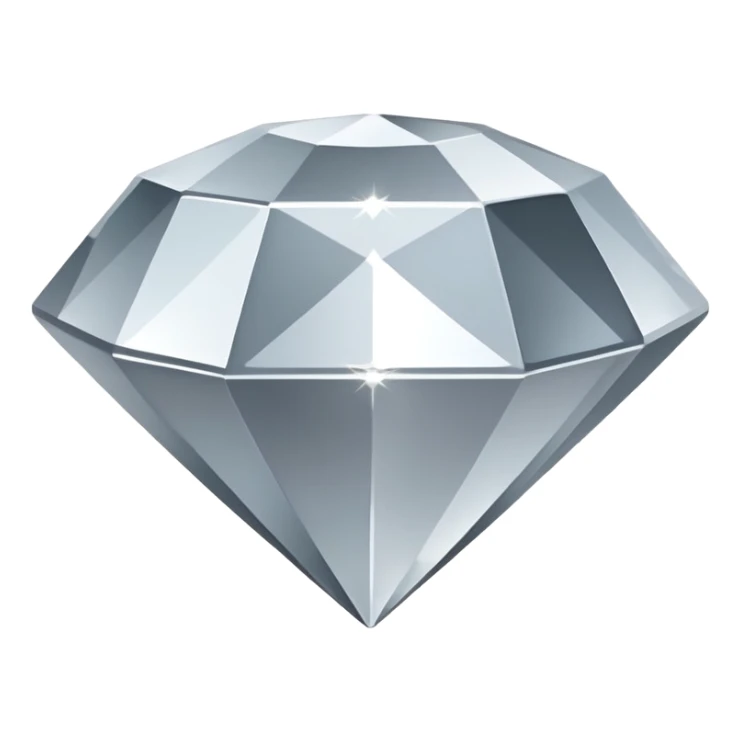 A faceted diamond emoji made of silver chrome, smooth reflective surfaces, soft metallic shine, minimalistic and clean design, iOS emoji style, centered on white background, soft studio lighting sticker