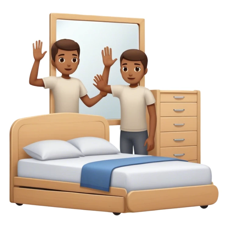 A person stands beside their bed, rolling out groggily with determination. The bed behind them is neatly made, a mirror in front of them shows them high-fiving their reflection. A glowing sunrise outside signals the start of a productive day. sticker