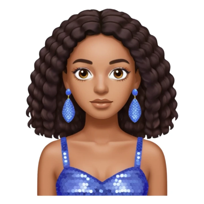 Solange with dark brown long hair, periwinkle sequin crop top, periwinkle earring sticker