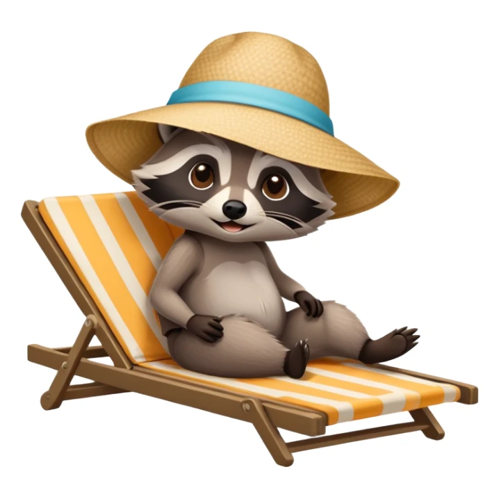 a raccoon on a beach sun bathing on a lounger with a sun hat on sticker