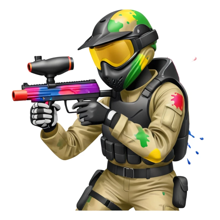 A paintball player in full gear, aiming a paintball gun with focus and determination. The scene includes vibrant splashes of paint and a dynamic battlefield setting, emphasizing action, strategy, and teamwork in a competitive environment sticker
