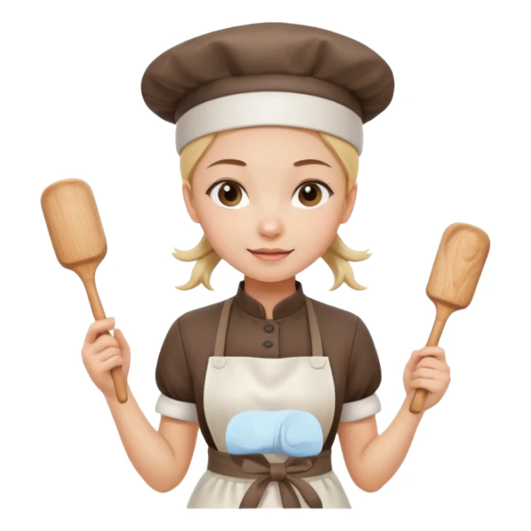 Young female pastry chef - single ponytail, apron, wearing a white hat, holding a rolling pin sticker