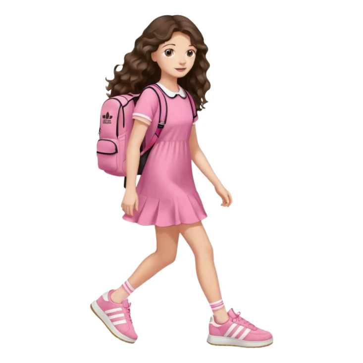aestethic brunette very,very,very long wavy hair walking with a school backpack, with a cute pink dress, adidas samba shoes sticker