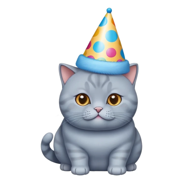 British shorthair blue cat with round face and chubby cheeks wearing a colorful birthday hat sticker