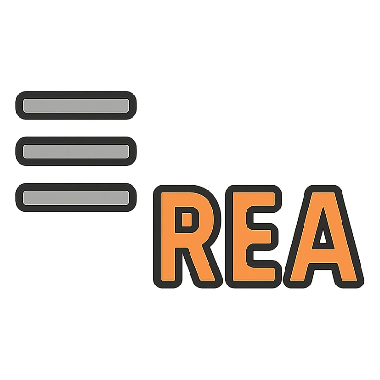 symbol of three grey horizontal lines, then the text 'REA' in orange capital letters, styled as an icon, clean and modern style sticker