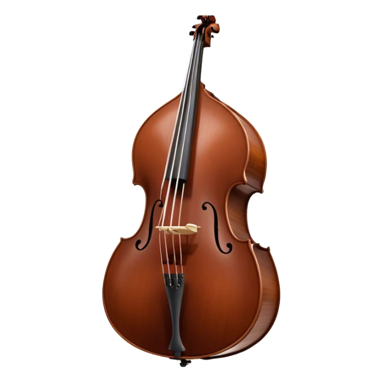 Create an elegant and detailed emoji representing a Gliga Gama double bass with bow. The design should showcase the large, sleek body of the double bass with its rich wood finish, including the characteristic curves and deep tone holes. The bow should be elegantly positioned next to the instrument, highlighting the hair and smooth wooden stick. Use warm wood tones like chestnut brown for the body of the bass, silver accents for the fittings, and dark brown for the bow. Add subtle musical notes or sound waves flowing from the bass to represent its deep, resonant sound. The background should be transparent. sticker