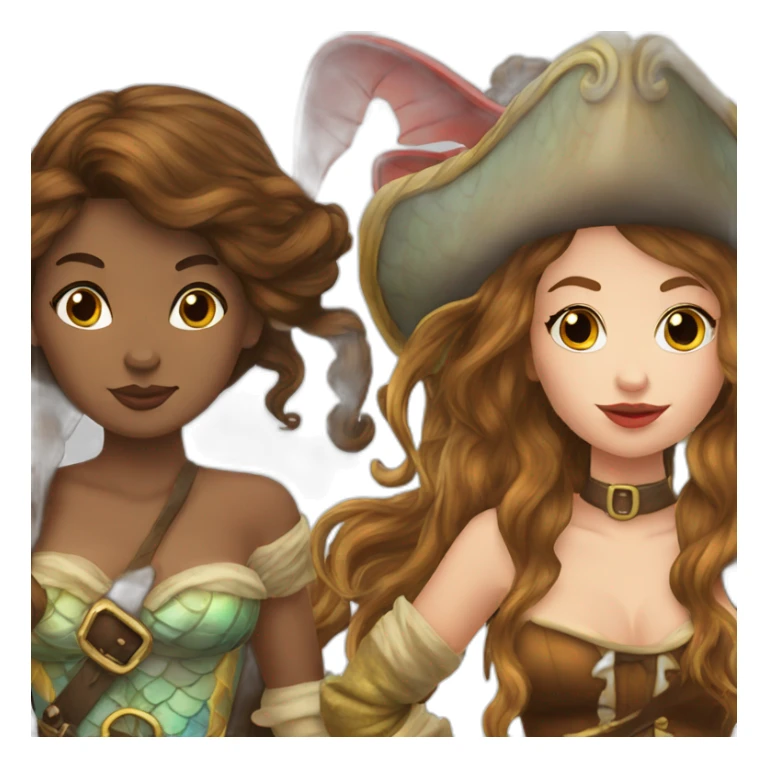 Brown haired mermaid and woman pirate kissing sticker
