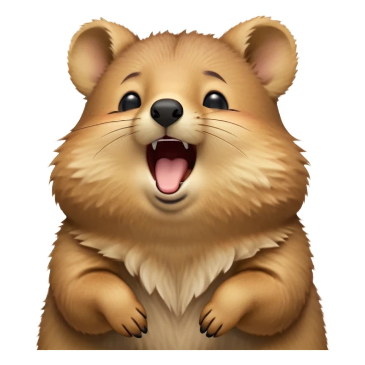 cinematic-realistic  yawning quokka-emoji,-small-round-frame, head tilted in an endearing manner, wouth wide open yawning, sleepy comical smile, round fluffy cheeks, giant-fluffy-cheeks-large-smile-fluffy-brown-fur-radiating-a-warm-softness,-big-round-eyes-filled-with-joy, realistic round  fluffy zoomed in, large black eyes one paw raised in the air sticker