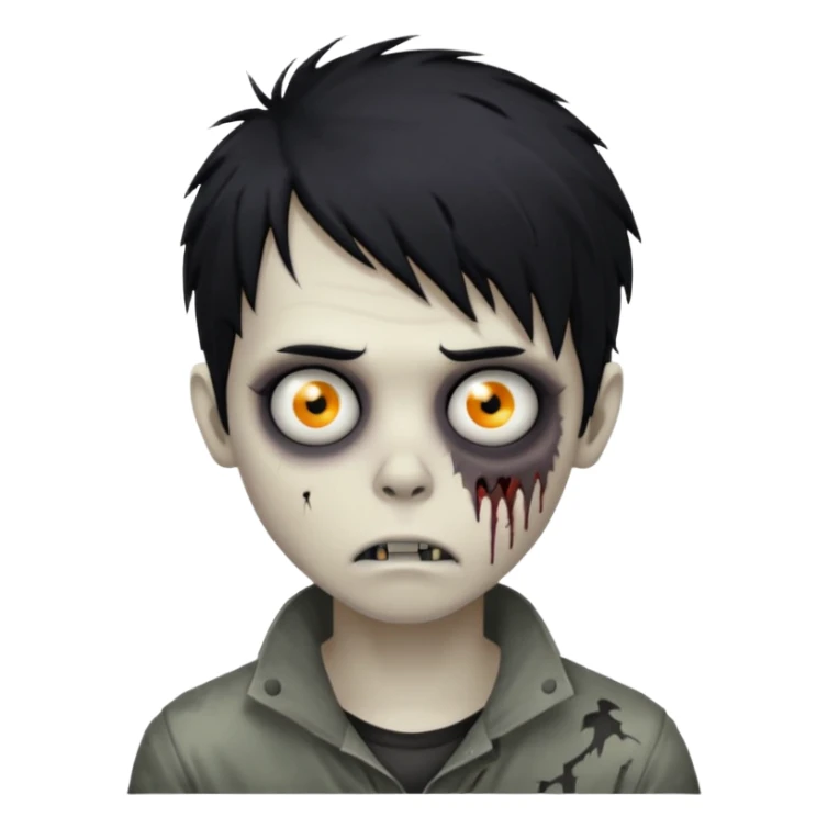 zombie boy with messy black hair, emo style, medium length, eerie and unsettling face sticker