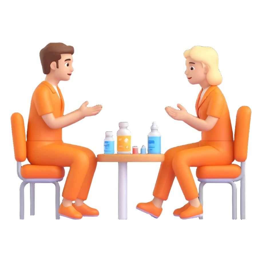 Two normal people with concerned expressions, sitting in a doctor's office, considering two medical product options, in the same 3D emoji style as the reference image, neutral background. sticker