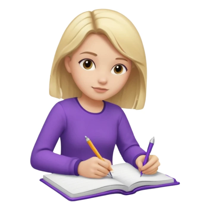 girl sitting, writing in a notebook, blond hair, dressed in purple clothes sticker