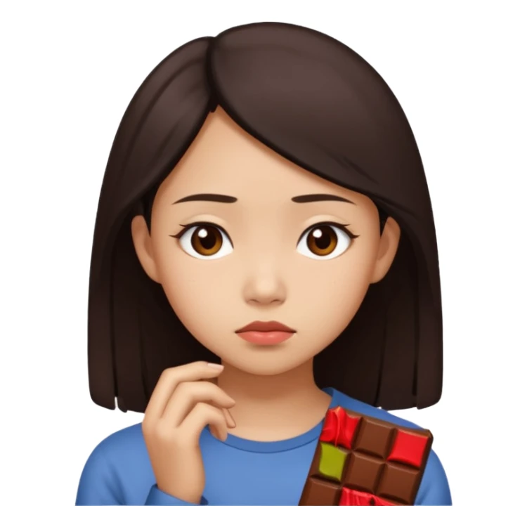 A young Asian female with a gloomy expression, thinking of chocolate sticker