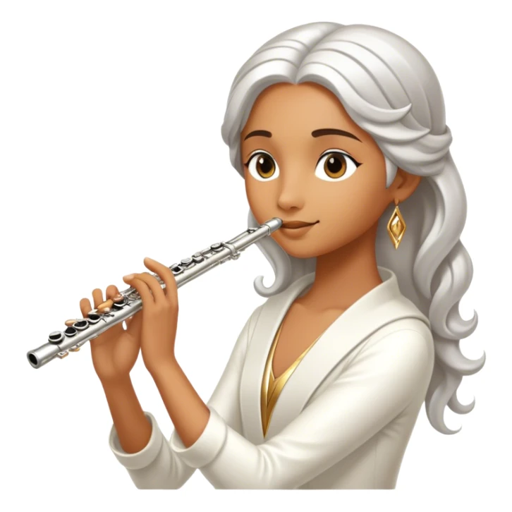 Cinematic Realistic Flute, polished silver metal with precise keywork, warm golden reflections dancing along its surface, soft hands carefully positioned over the keys, glowing with an elegant and airy charm. sticker