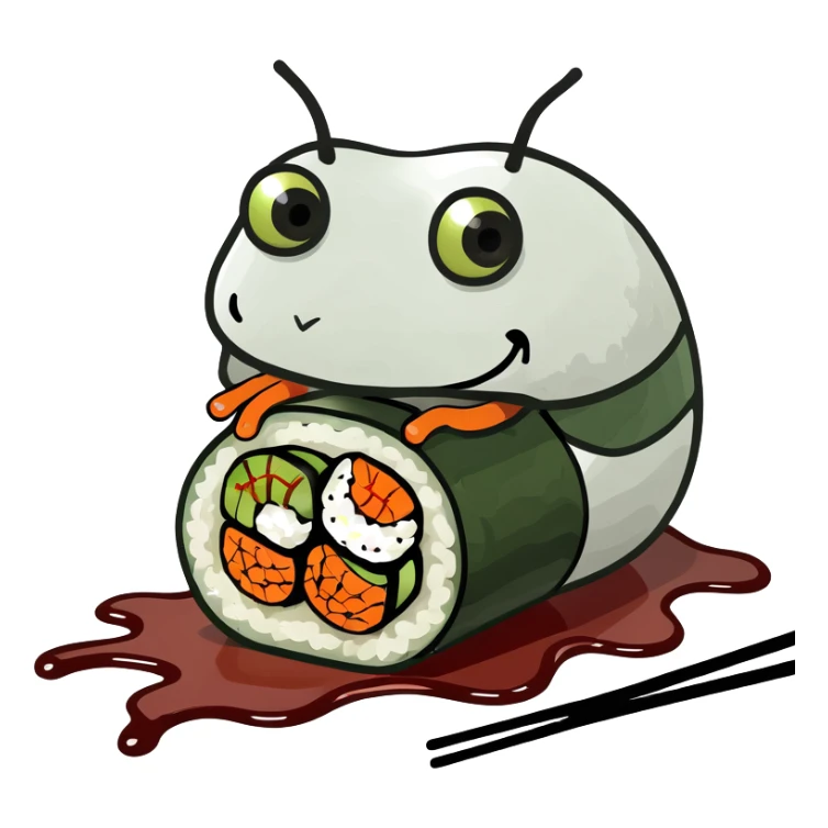 a robot shaped like a sushi roll, with LED eyes, tentacle sticks and soy sauce dripping like wires sticker