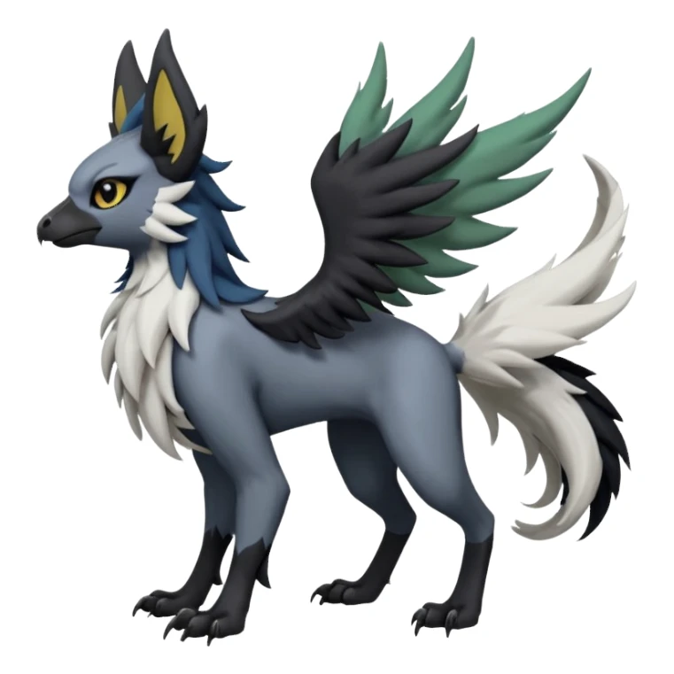 Dark-deep-colored gryphon-Trico-Nargacuga-Absol-Leafeon-Sprigatito-Silvally-fusion-hybrid with a long tufted tail, black beak, black claws, black tail, majestic, realistic, furry (full body) sticker
